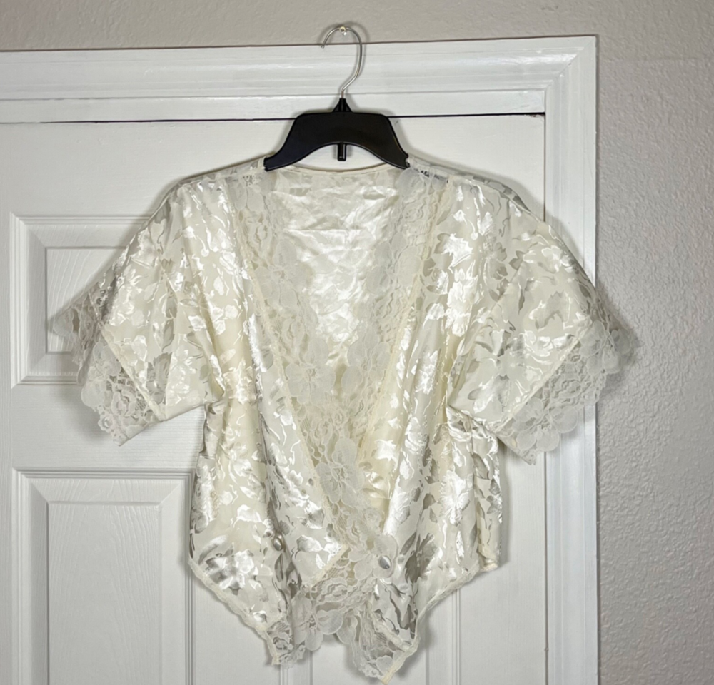 Vintage Victorias Secret Bed Jacket Bridal Gold Label Crown 1970s Satin Lace